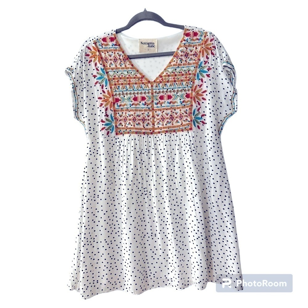 Savanna Jane Embroidered White Polka Dot Dress in Size Small